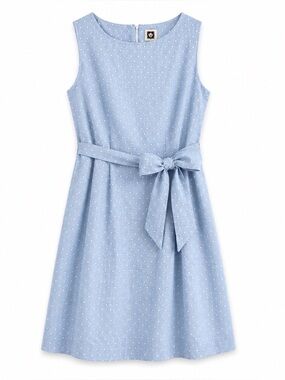 Anne Klein Blue Swiss Dot Tie Waist Sleeveless Dress
